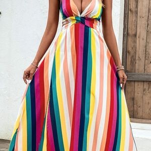 Multicolored Stripe Crisscross Backless Dress